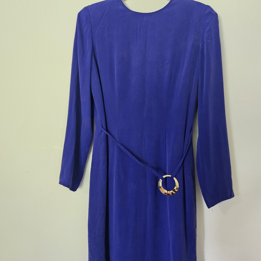 Adrianna Papell Safe Silk Purple Shift Dress 8 VTG Belted Gold Loop Long Sleeve